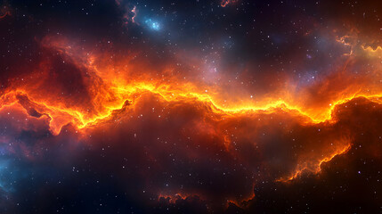 Obraz premium Fiery Nebula: Cosmic Clouds Ignite in Starry Expanse, Abstract Background of Celestial Fire
