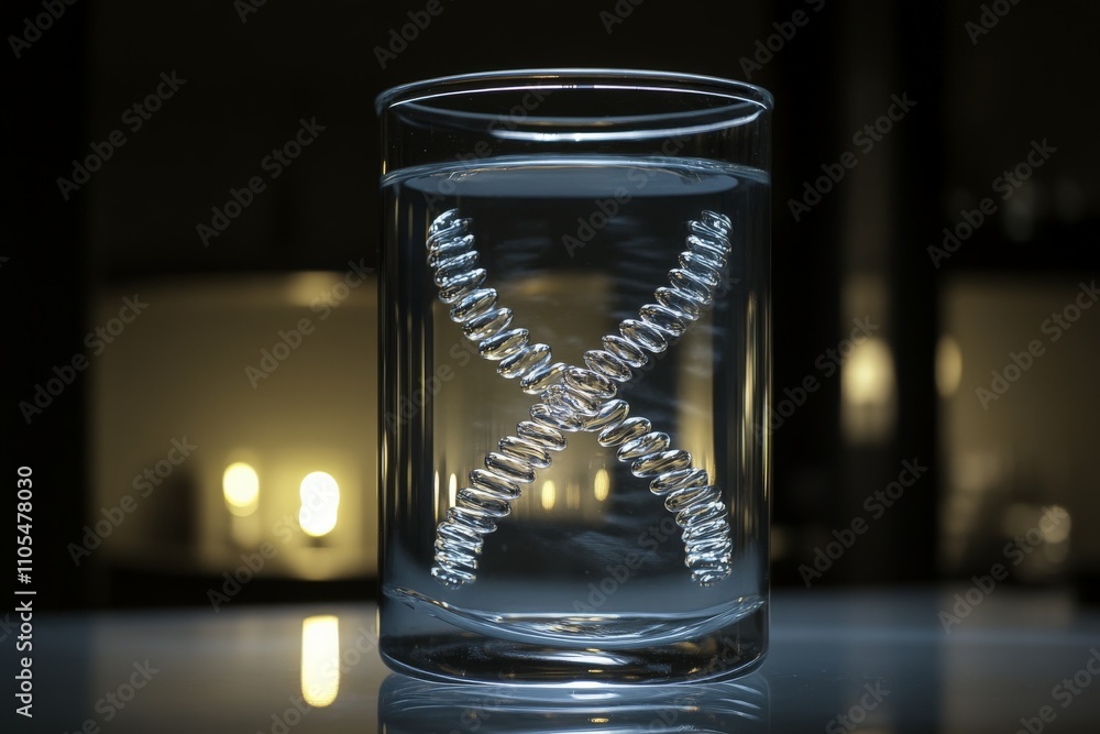 Poster a glass of water contains a unique spiral structure with intricate light reflections, set against a 