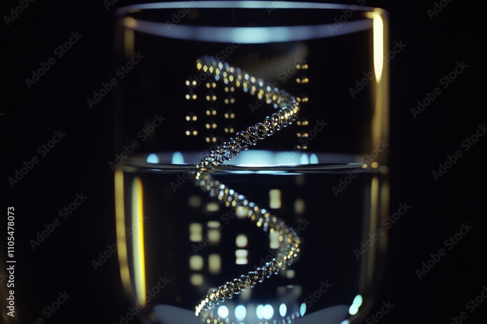 Poster this image showcases a dna-inspired shimmering spiral within a glass, surrounded by a captivating pl