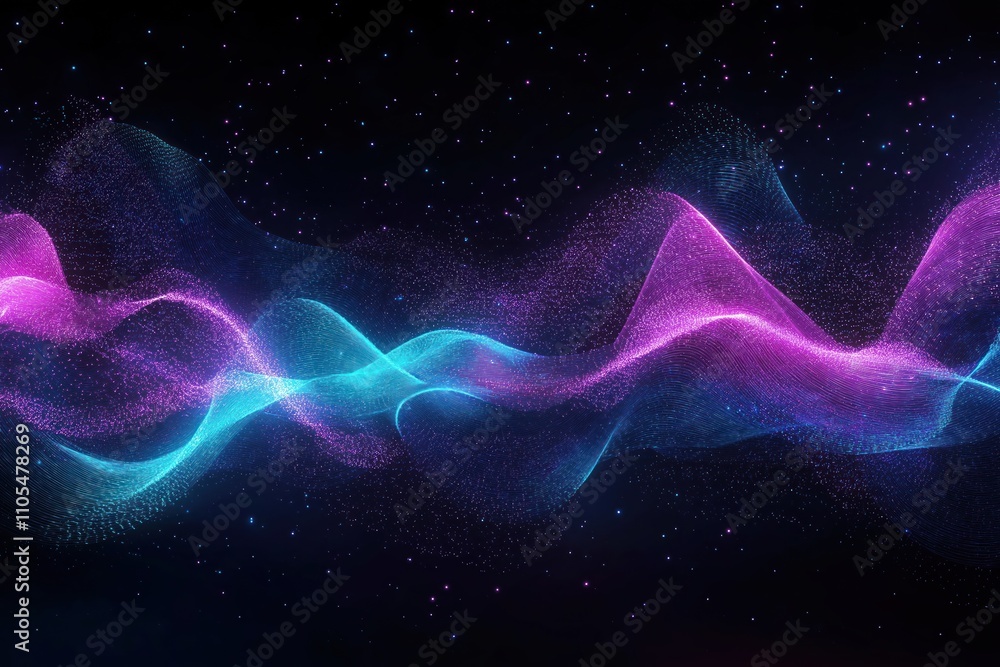 Poster abstract illustration of pink blue frequency signal waves as particles moving in medium against dark