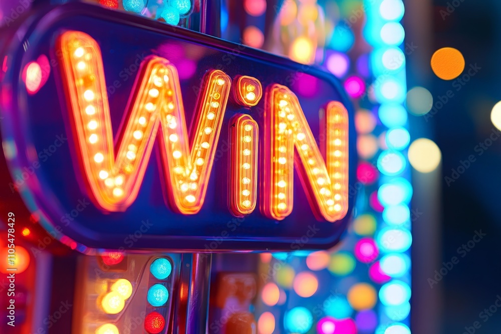 Poster a luminous 'win' sign is artfully surrounded by a multicolored bokeh effect which symbolizes the ele