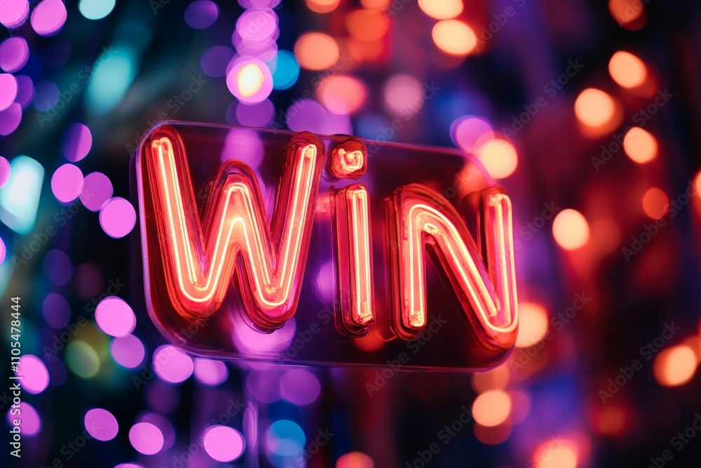 Poster this image shows a neon sign displaying the word 'win' in vibrant red and pink colors, set against a