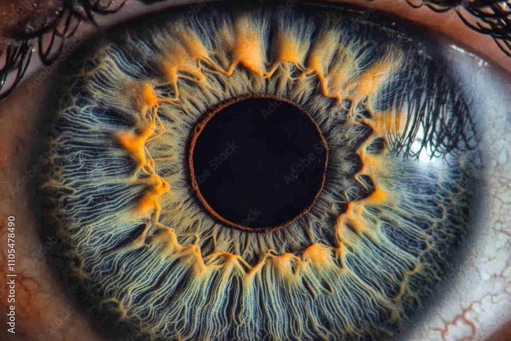 Poster A detailed close-up of a human eye reveals intricate patterns and vibrant colors within the iris, capturing the uniqueness and depth of human visual anatomy.