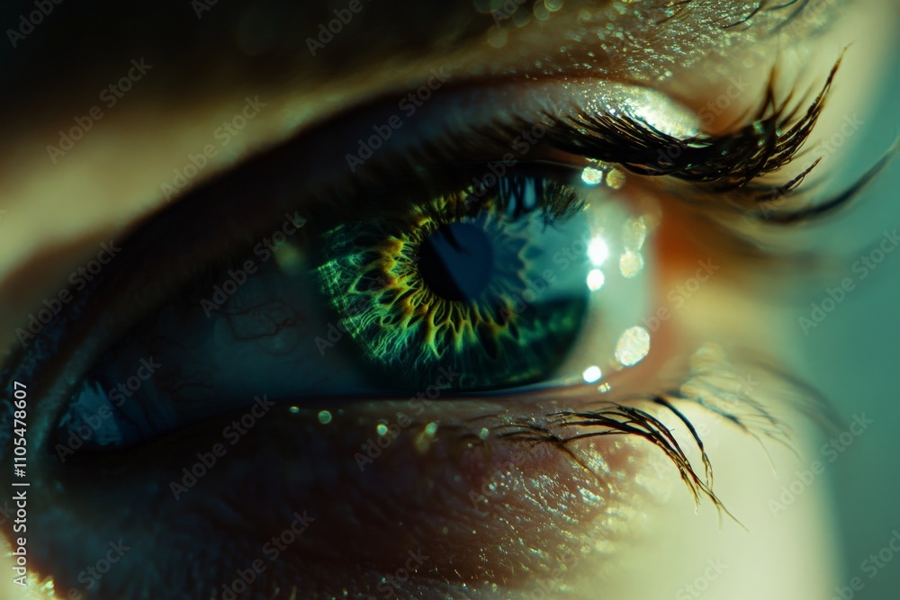 Poster a captivating close-up of a vivid green eye with ethereal reflections, showcasing the intricate beau