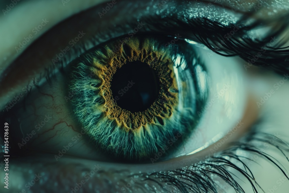 Poster An expressive close-up of an eye with an emerald green iris and detailed golden patterns, creating a fascinating and vivid composition full of depth and emotion.
