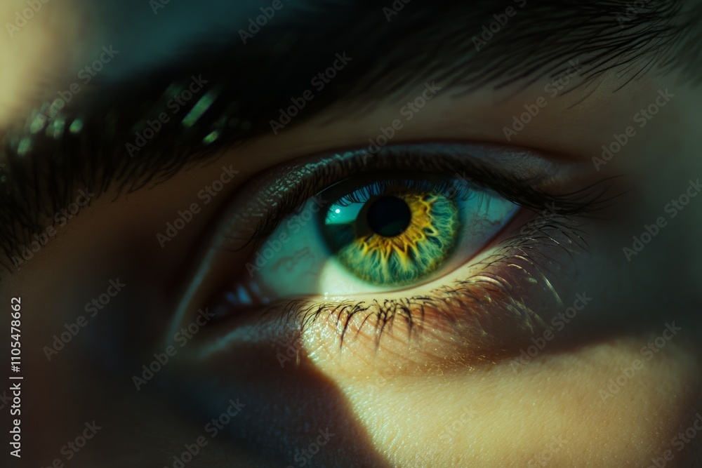 Poster a captivating blue eye partially obscured by shadow, with a striking contrast that highlights the de
