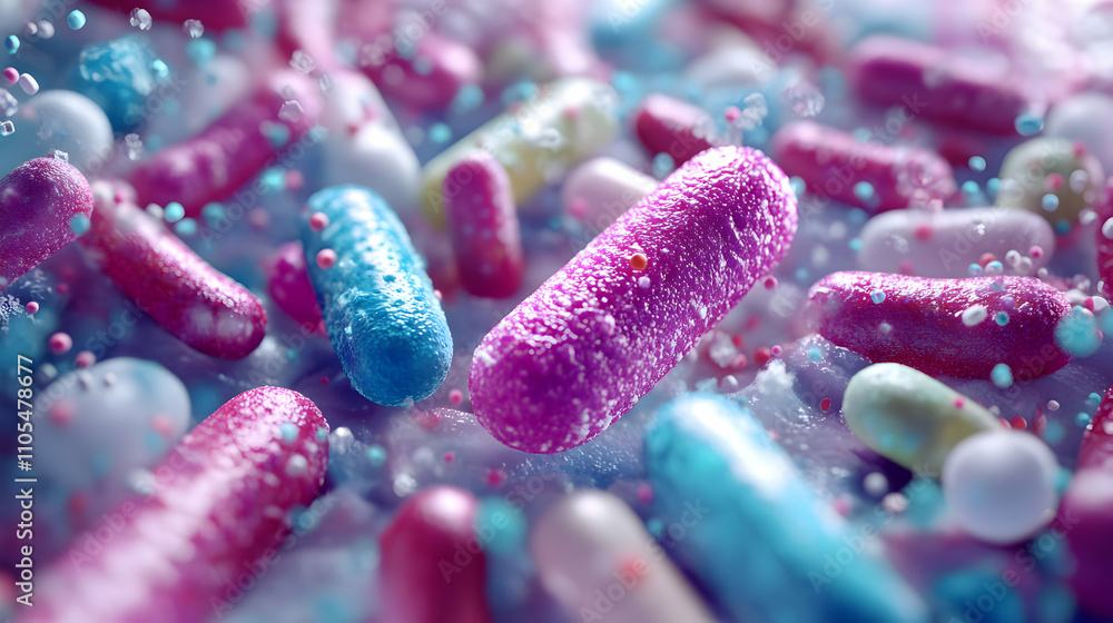 Aufkleber abstract 3d render of colorful capsule-shaped objects in a frothy substance