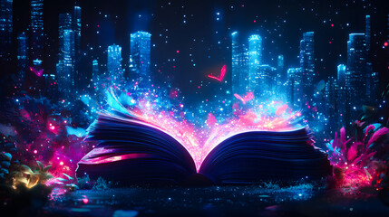 Illustration of a magical book that contains fantastic stories