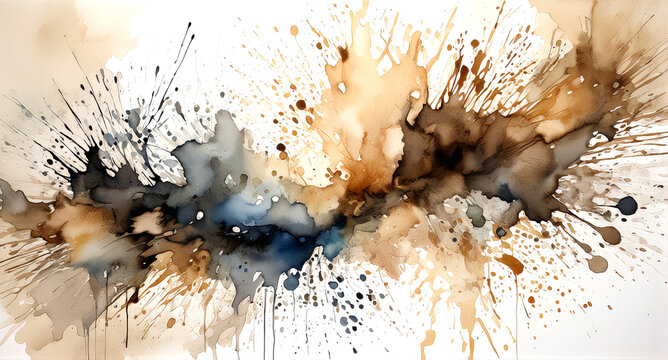 Abstrakcyjna kompozycja brązowych i czarnych farb akwarelowych, płynnie mieszających się, tworzących śmiały i dynamiczny wyraz artystyczny