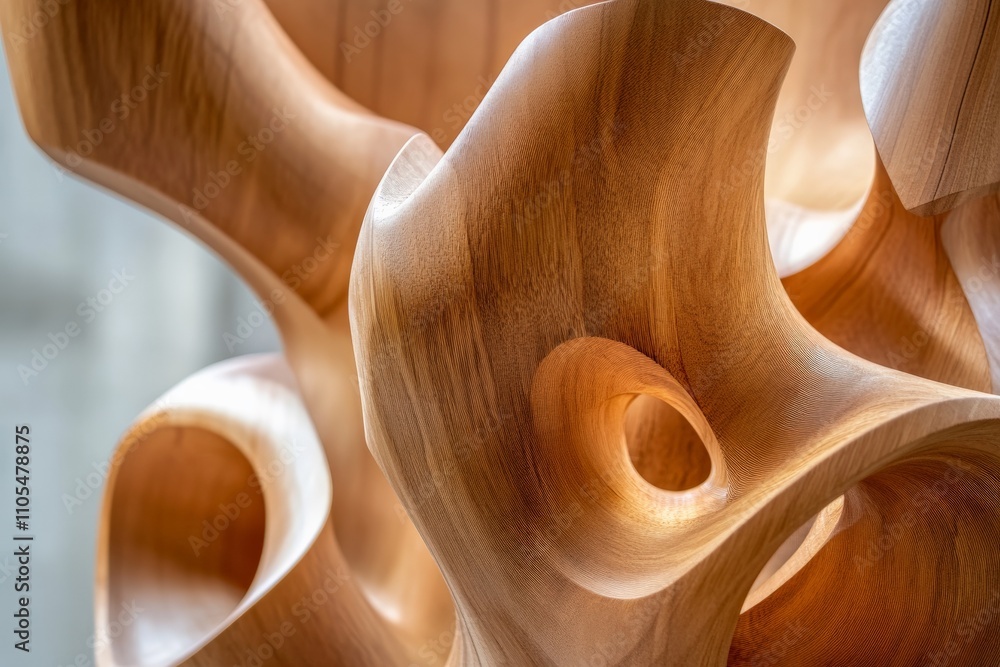 Poster A stunning abstract sculpture carved from wood, showcasing intricate and flowing shapes, capturing light in various angles for a dynamic visual effect.