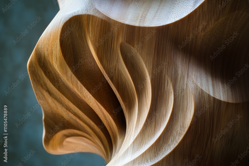 Poster An abstract wood sculpture featuring spiral and circular shapes, expertly crafted to play with shadows and highlights, creating a captivating visual art piece.