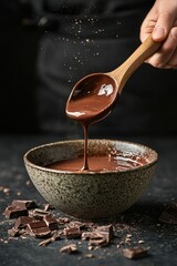 Person is pouring chocolate into a bowl. The bowl is filled with chocolate and there is a spoon in the bowl. There are also chocolate chips on the table
