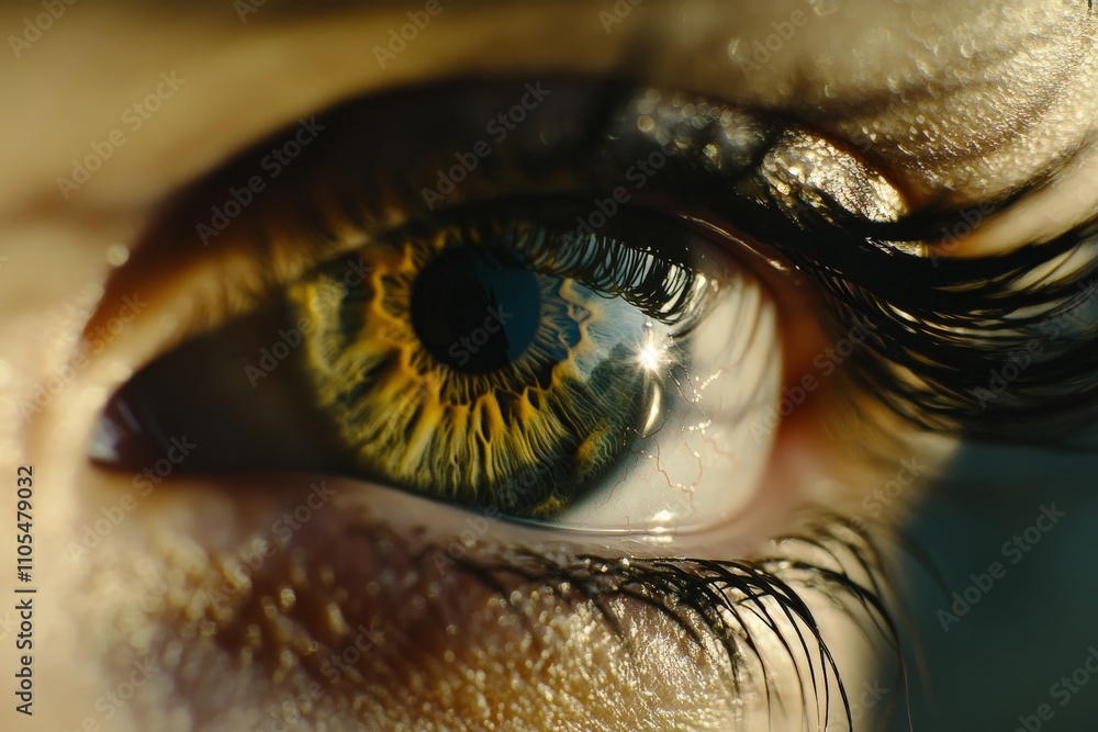 Poster a detailed macro photograph captures the intricate patterns of a human eye, focusing on its vibrant 