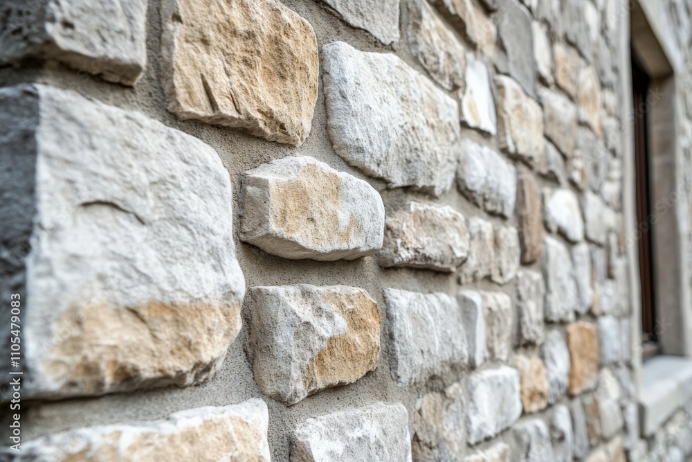 Poster a detailed view of a rustic stone wall showcasing natural textures in earthy tones, offering a visua