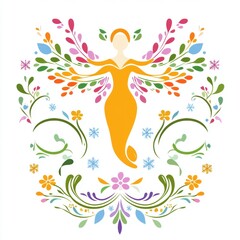 Obraz premium A colorful, stylized figure surrounded by floral and leafy designs.