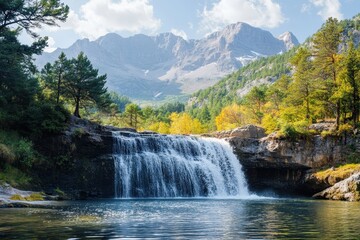 Fototapeta premium Stunning Waterfall Cascading into Pristine Pool Amidst Lush Greenery and Majestic Mountains Under a Clear Blue Sky
