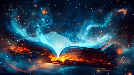 Illustration of a magical book that contains fantastic stories