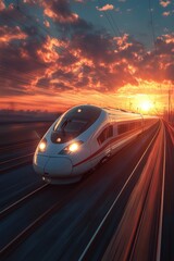 Obraz premium High-Speed Train Gliding Through Scenic Sunset Landscape with Dramatic Sky and Vibrant Colors