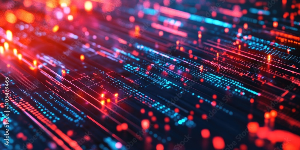 Poster computer screen with a lot of red and blue lights. the lights are arranged in a way that they look l
