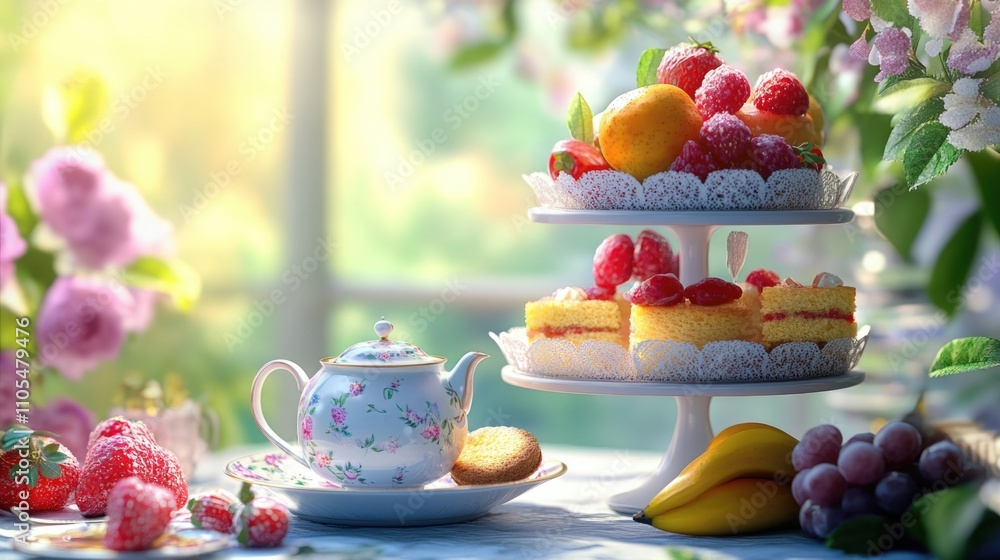 Poster tea set with a teapot and a cake on a white plate is set on a table with a bunch of fruits and grape