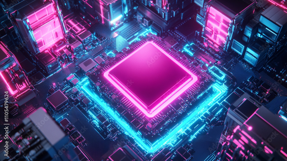 Poster bright neon circuit board with glowing processor in a futuristic technology setting