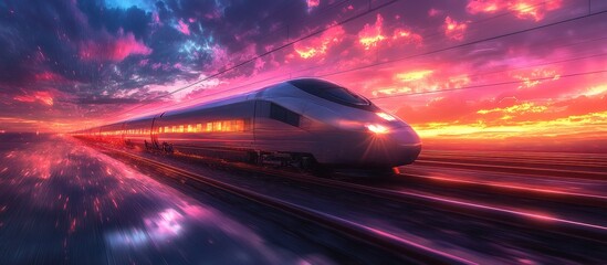 Fototapeta premium High-Speed Train Gliding Through a Vibrant Sunset with Dramatic Sky and Reflections on the Tracks