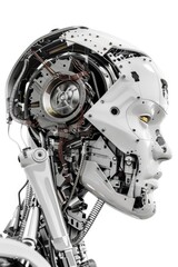 Fototapeta premium Robot head with a yellow eye and a silver body. The robot is made of metal and has a mechanical look to it