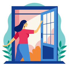 woman opens window enjoying fresh air.