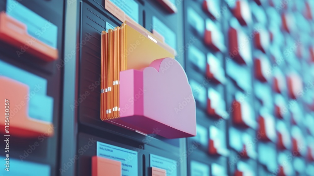 Poster computer server with a pink cloud on top of it. the server is full of files and folders