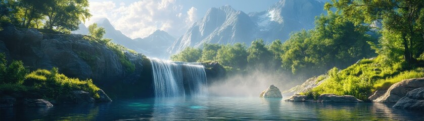 Fototapeta premium Stunning Waterfall in Serene Mountain Landscape with Lush Greenery and Clear Blue Sky