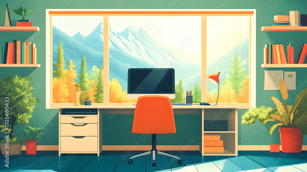 Aufkleber in the morning cartoon background, there is a desk with a computer and furniture in a flat cabinet. 
