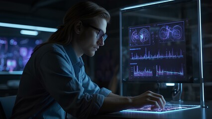 Engineer in Futuristic Lab Using Holographic Screen to Design 3D Prototype in Dim Neon Lighting