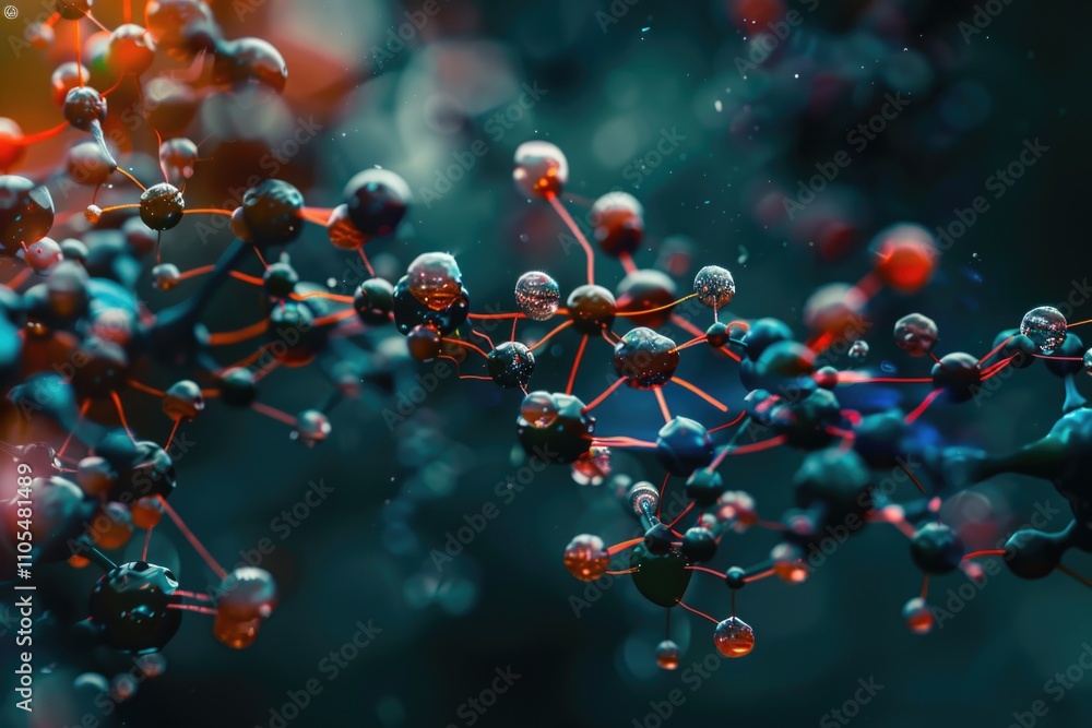 Poster close up of a cluster of small spheres, some of which are red. the spheres are arranged in a way tha