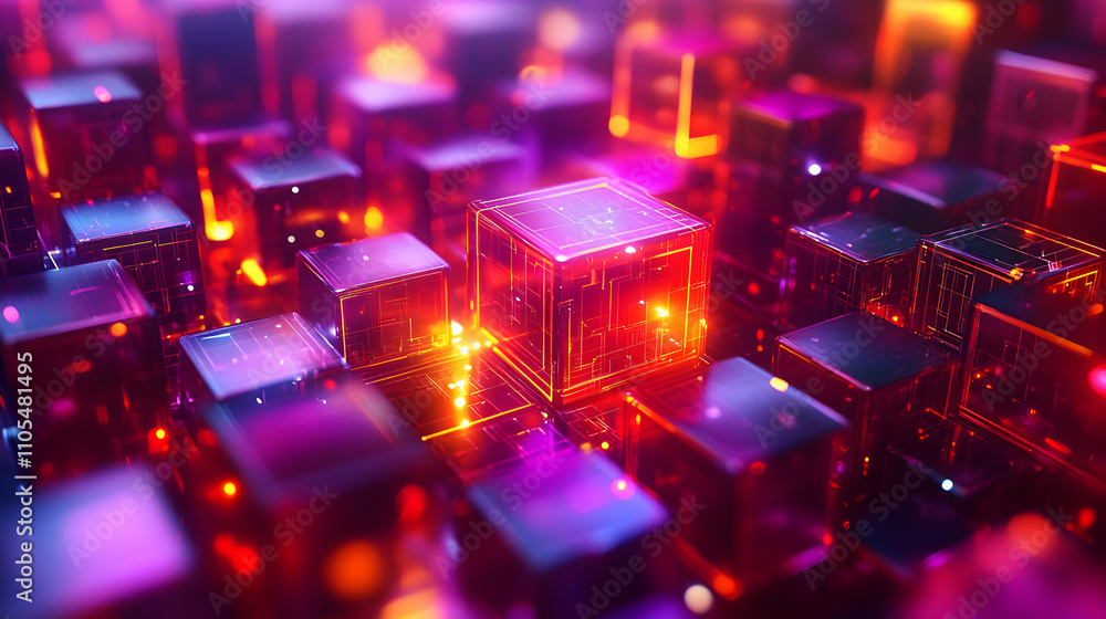 Poster abstract 3d render of glowing cubes networked with light trails, futuristic digital background