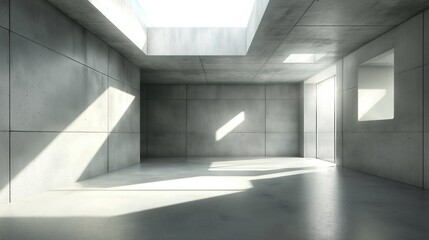 Fototapeta premium Empty modern concrete interior with natural light from windows, skylight. Light shadows on floor, walls. Spacious, minimalist design. Great for architectural design product placement. Empty room