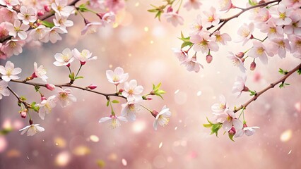 Delicate Spring Blossoms on Branch, Soft Pink Petals, Gentle Breeze, Bokeh Background