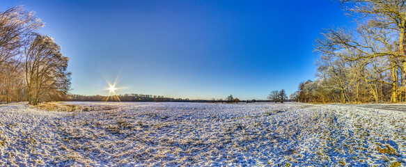 Snow-covered meadow with the sun rising, surrounded by trees, capturing a peaceful winter morning