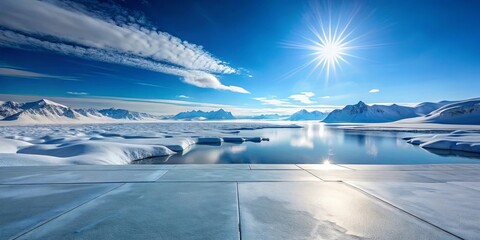 Serene winter landscape with snow-covered mountains and a frozen lake, perfect for a peaceful escape