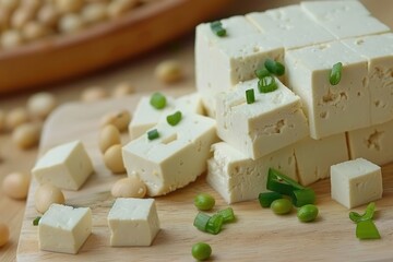 Block of cheese with green onions on top. The cheese is cut into small cubes. Concept of freshness and simplicity, as the cheese is a simple and healthy snack