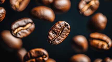 Fototapeta premium Roasted coffee beans falling against dark background