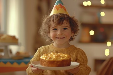 Happy Toddler Holding Birthday Cake Wearing Party Hat