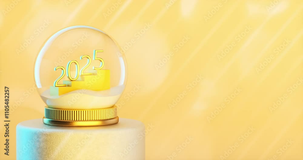 Aufkleber happy new year 2025 background with golden snowglobe. 4k seamless loop animation. 3d rendering