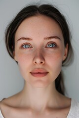 Woman with a blue eye and a red nose. She has a smile on her face