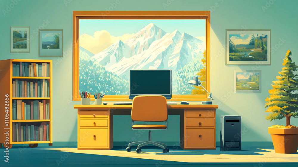 Aufkleber in the morning cartoon background, there is a desk with a computer and furniture in a flat cabinet. 