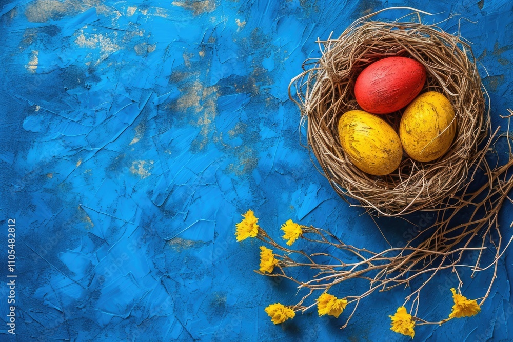 Poster nest of eggs with a yellow and red one in the middle. the nest is on a blue background