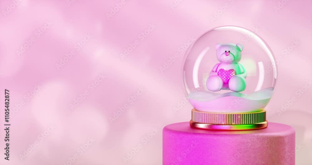 Fototapete valentines day background with pink teddy bear inside crystal globe. 4k seamless loop animation. 3d 