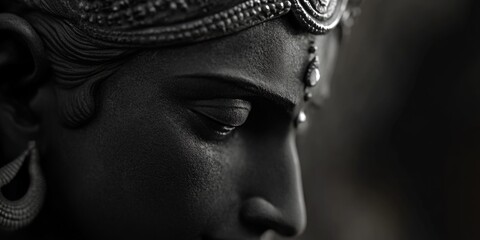 Statue of a woman with a crown on her head. The statue is black and white