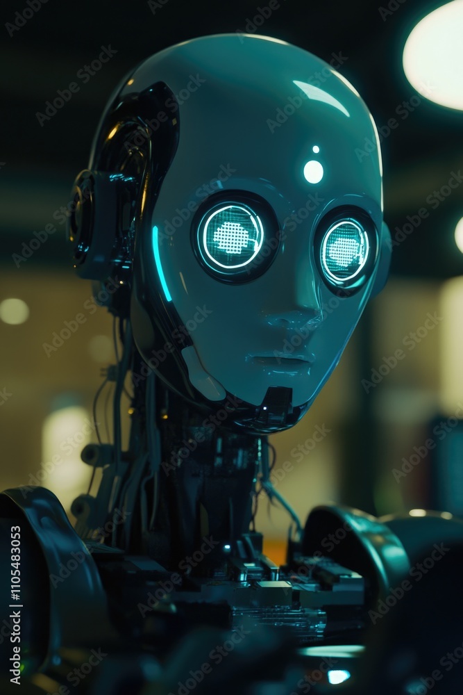 Poster robot with blue eyes and a black face. the robot is in a dark room. the robot is looking at the came