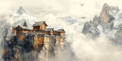 Dreamy Mountaintop Village Wooden Huts Clouds Peaks Birds