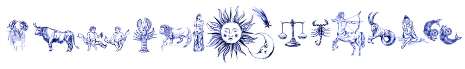 Hand drawn zodiac sign illustration, horoscope background. Aries, taurus, libra, virgo, leo, lion, gemini, pisces, cancer, aquarius, sagittarius, scorpio, capricorn.